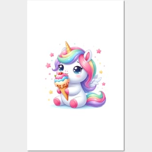 Cute colorful unicorn having ice cream Posters and Art